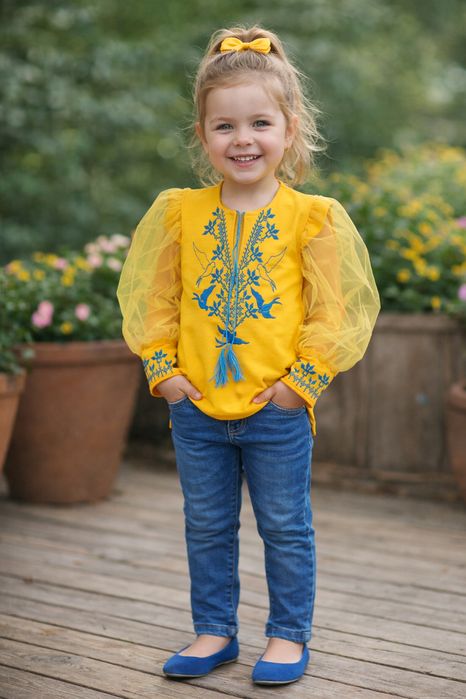 Блуза вишиванка для дівчинки національна жовто блакитня для школи