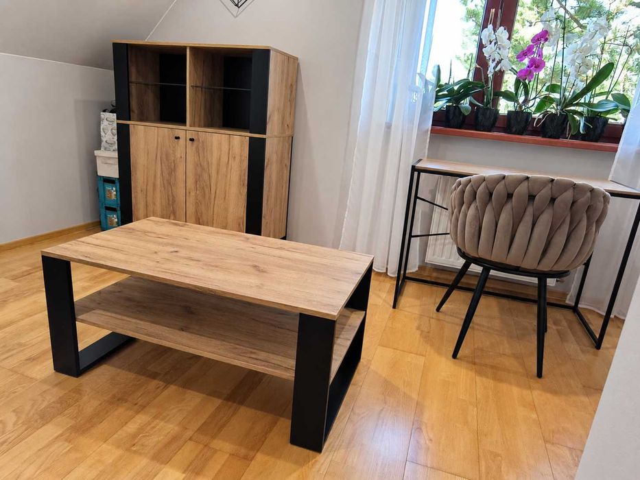 Zestaw Komplet Mebli MEBLE Witryna Szafa Biurko Stolik Krzesło Komoda Fotel LOFT LOFTOWE Idustrialny Złoty Dąb Czarny