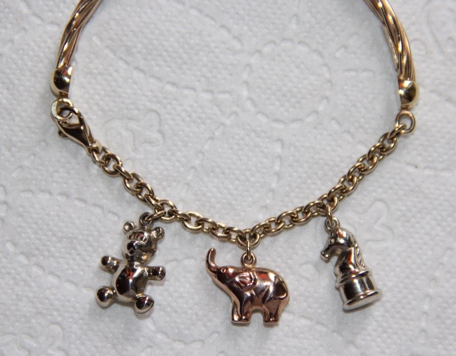 złoto złota bransoletka charms słonik miś 585 kruk bransoleta