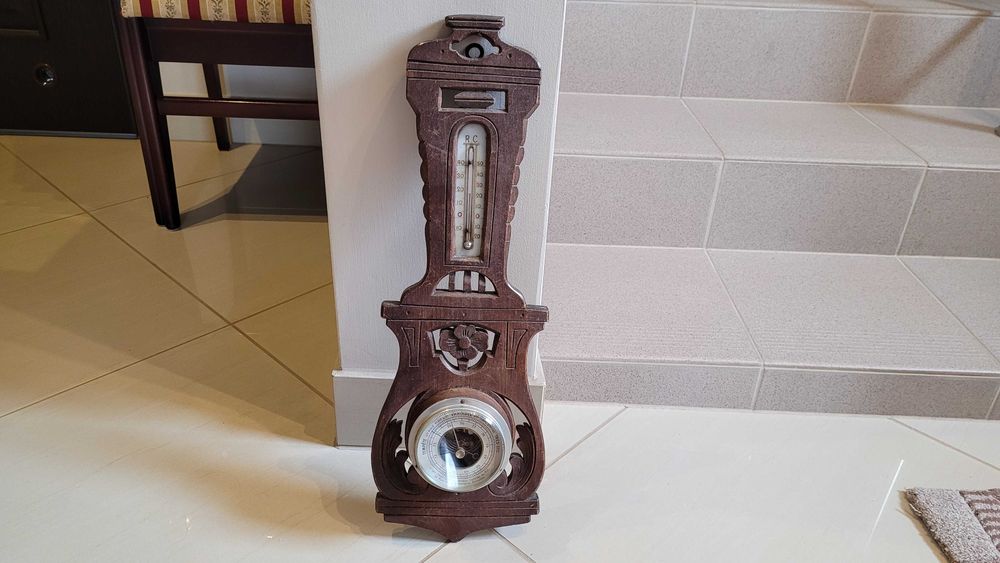 BAROMETR termometr przedwojenny secesja barometr aneroidowy drewno