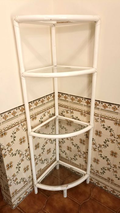 Estante Canto Branca Bambú e Vidro