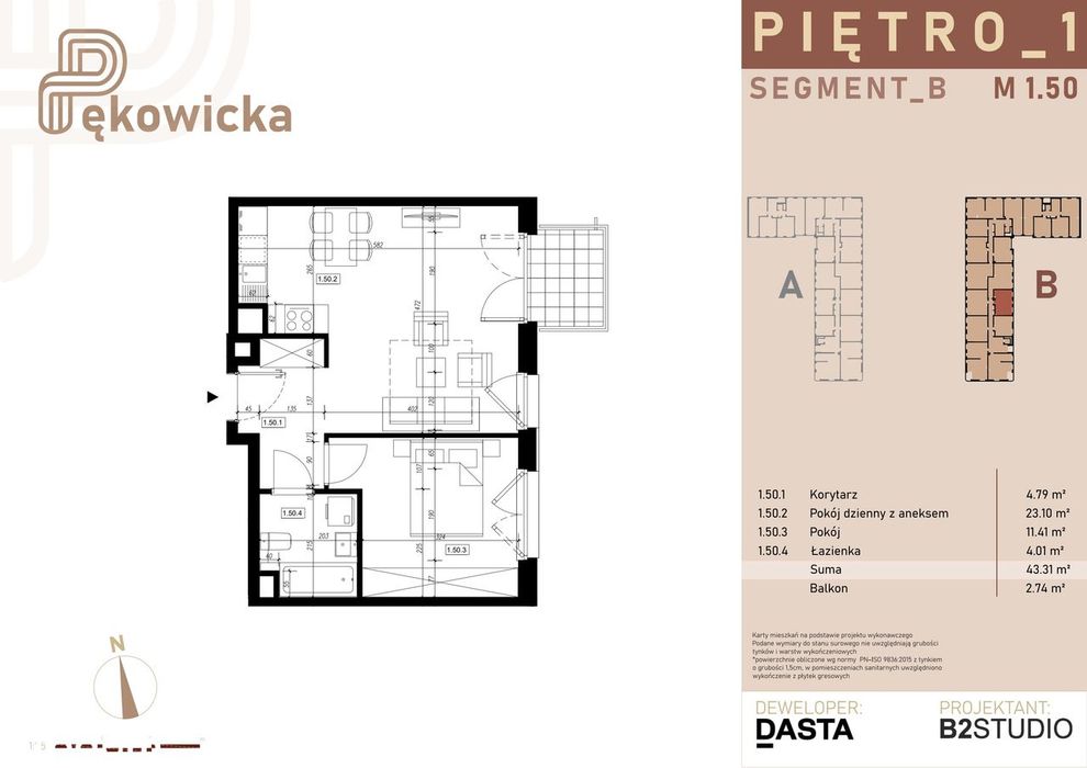 2-pokojowe mieszkanie 43m2 + balkon