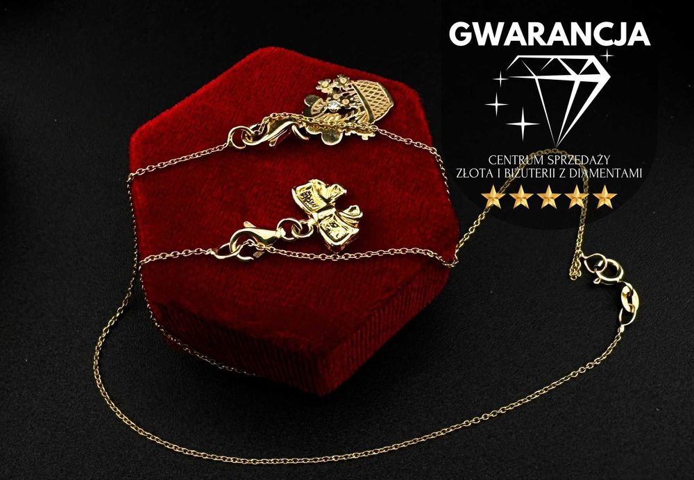 Złoty naszyjnik 40cm z kokardką i kwiatami łańcuszek próba 585 3.12g