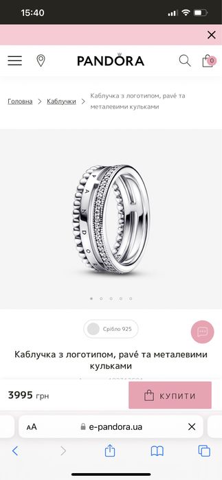 Каблучка Pandora по супер ціні (16.5;17;18,19 розмір)