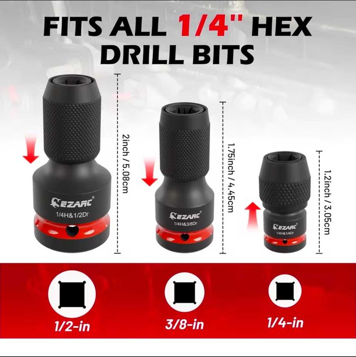 Zestaw adapterów udarowych EZARC 1/4", 3/8", 1/2" z szybką wymianą