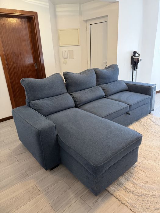 Sofá Cama com Chaise Longue Reversível e Encosto Reclinável
