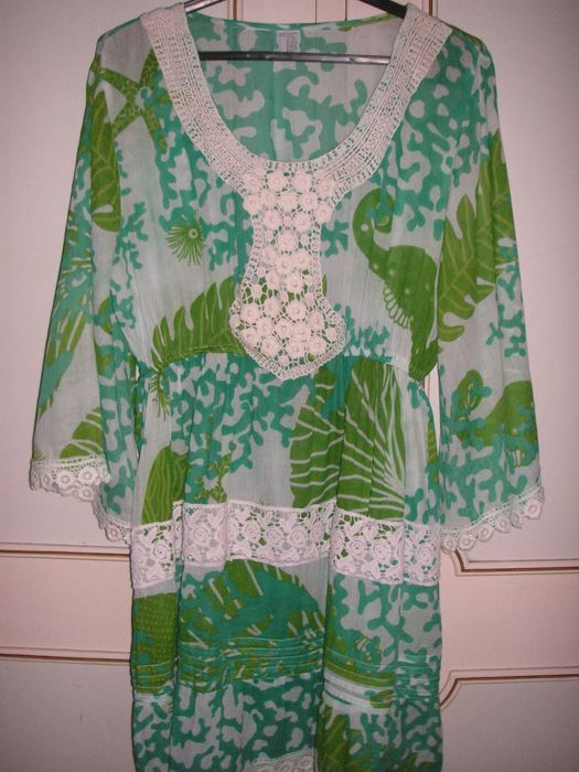 Vestido de Verão Branco e Verde e Branco Algodão ( Índia )