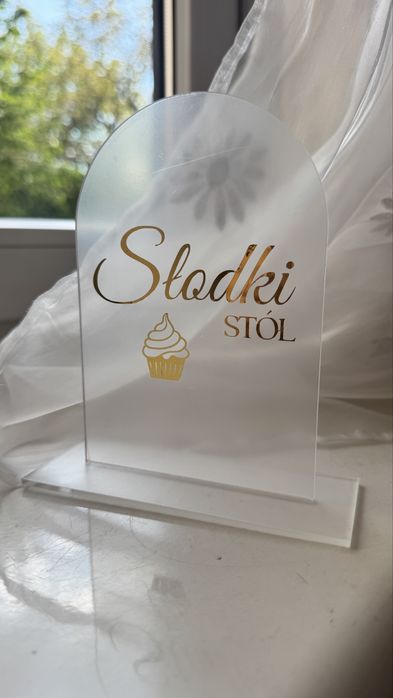 Tabliczka Słodki Stół na ślub wesele plexi złota srebrna przezroczysta 10x15 cm