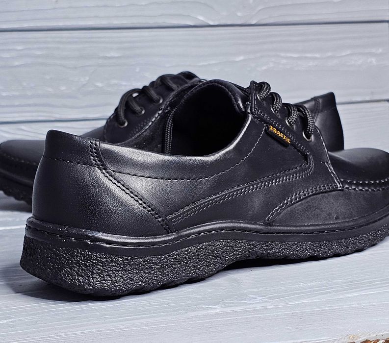 39-48рр! Кожаные мужские черные широкие прошитые туфли резинка шнурок!
