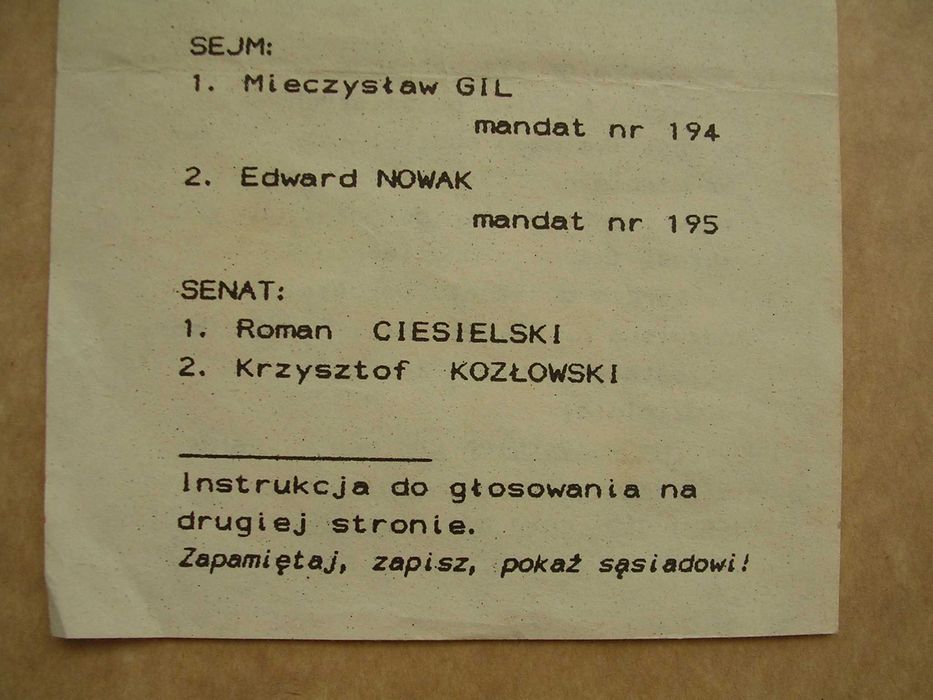 Stara ulotka Solidarność wybory do Sejmu i Senatu