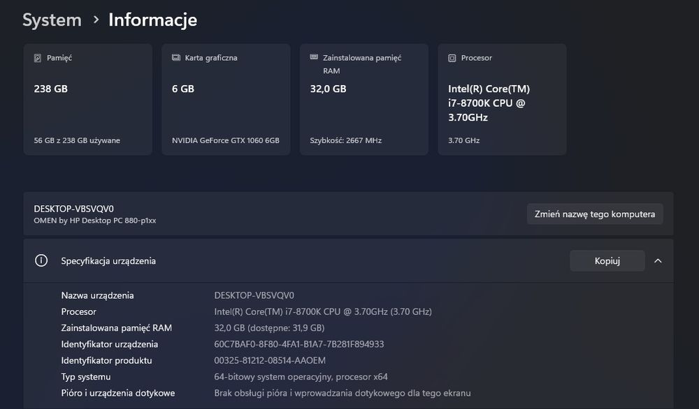 Komputer gamingowy HP OMEN 32L - I7-8700k - 32GB RAM DDR4 - GTX 1060