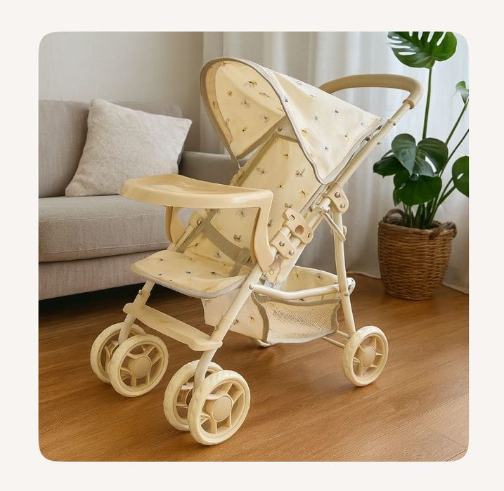 Wózek Dla Lalek Dla Bobasa Składany Spacerówka Z Baldachimem Kremowy