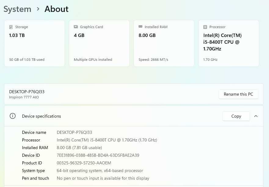 Dell Inspiron Aio 7777 PC - Nvidia GTX 1050 4GB Graphics