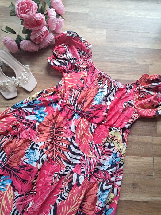 Sukienka maxi hiszpanka różowa w kwiaty długa XXL plus size 46 wesele