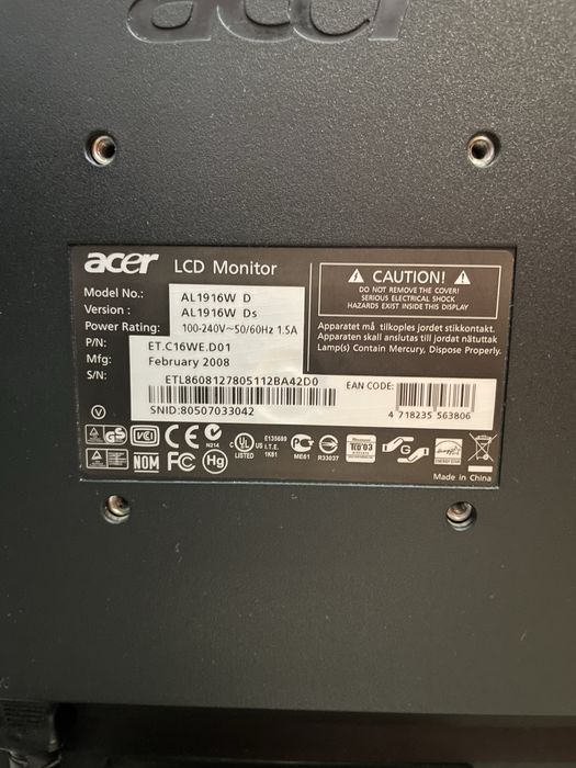 Монітор Acer AL1916W 19’’ 1600x900