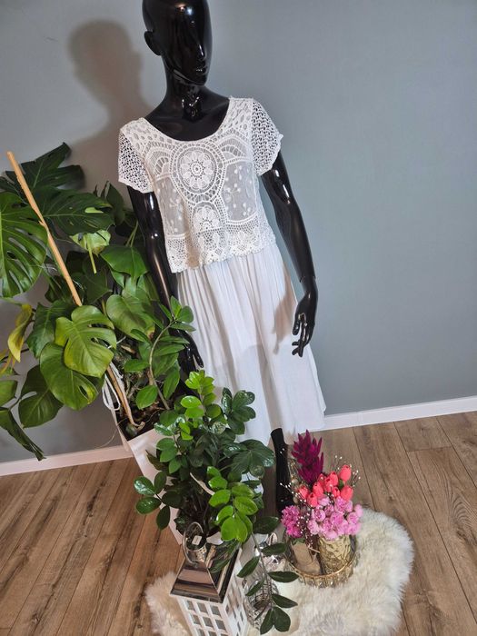 Długa włoska sukienka biała midi wiskozowa Made in Italy 95% wiskoza