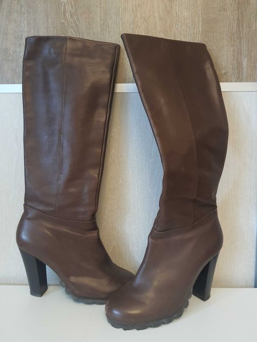 Жіночі високі чоботи на підборах з натуральної коричневої шкіри, 40р