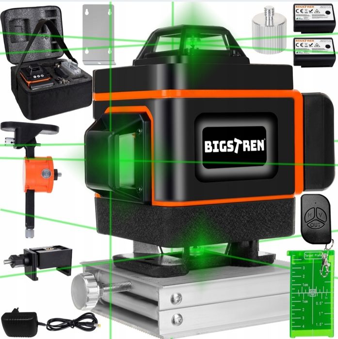 Poziomica Laserowa 4D Płaszczyznowa 360° Laser Krzyżowy Zielony 16 Lin