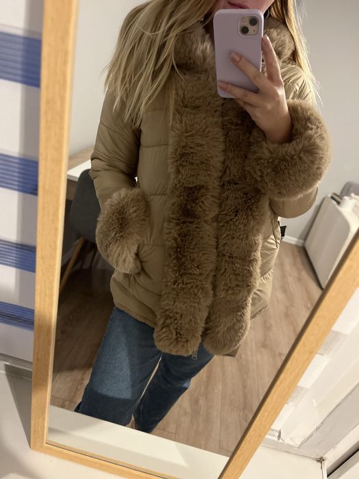 Dwustronna kurta zimowa ocieplana jeansowa parka beżowa puchowa ciepła