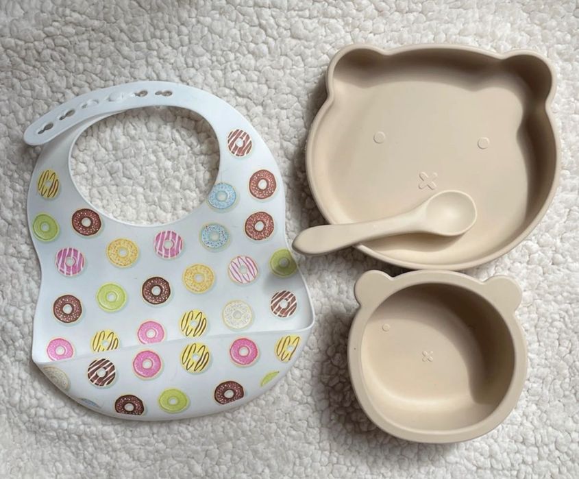 Silikonowy zestaw do jedzenia dla dzieci beżowy miś