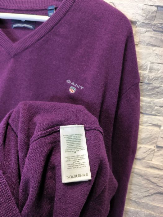 Sweter Wełniany Gant Wełna Fiolet Logo Serek Męski