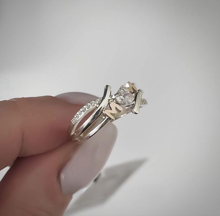 Кольцо Каблучка Мама Срібло 925 з фіанітами+пластина золота 375