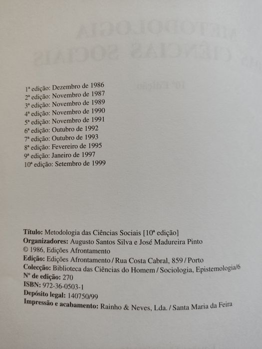 Livro metodologia das ciências sociais, Augusto Santos Silva