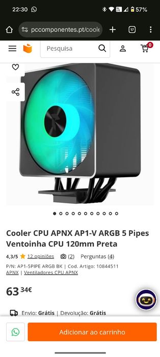 Air cooler APNX AP1-V, com fan 120 mm argb em branco