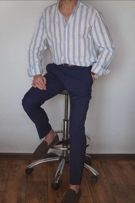Letnia Koszula Slim Fit Smog w Błękitne Paski | Rozmiar L | Stan Idealny