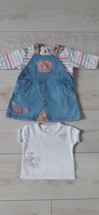 Sukienka jeansowa NEXT + dwie bluzeczki, rozmiar 62, 0-3 miesięcy