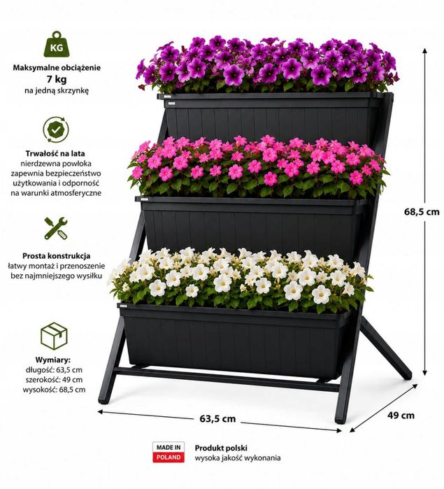 Duży aluminium stojak kwietnik na 3 skrzynki  balkonowe 60 cm Rekpol