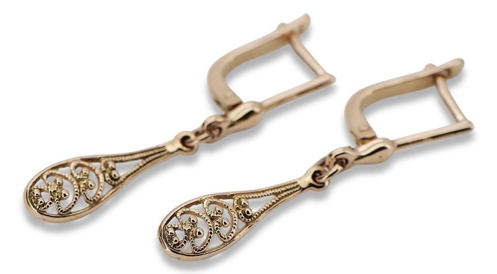 Rosyjskie różowe złoto kolczyki listki 14k 585 ZSRR Vintage ven239