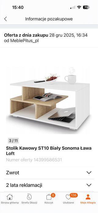 Stolik kawowy nowy bialy sonoma