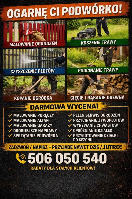 OGARNĘ CI PODWÓRKO – KOMPLEKSOWO Malowanie,Koszenie,Mycie kostki, Prace ogrodowe.