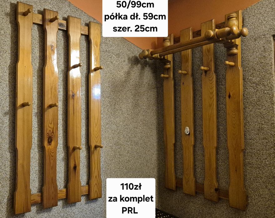 komplet wieszak drewniany ścienny PRL 2 szt jeden z półką