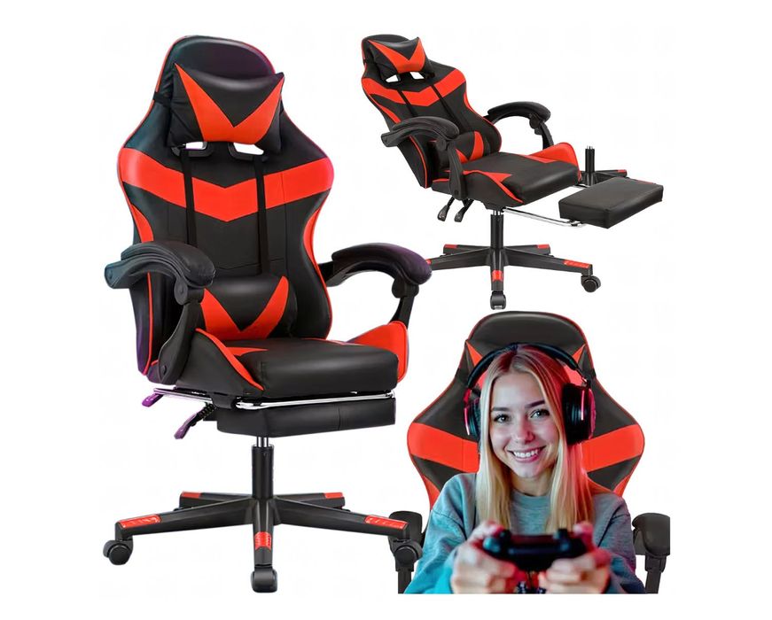 Fotel Gamingowy Biurowy Obrotowy Kubełkowy Krzesło z Podnóżkiem 150 kg