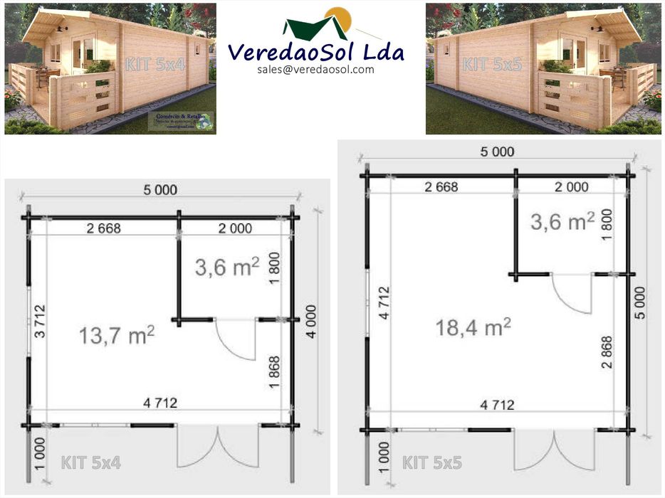 Casa madeira 5x4 m Sala c.d. banho - Área coberta 27m² em 5 variações