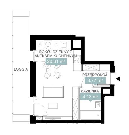 Studio w  centrum z loggią 7,58m2 Ostatnia kondygnacja