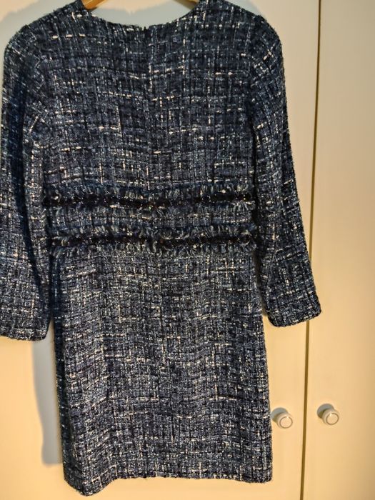 Vestido Azul e Mesclado Azul e Branco de Manga Comprida