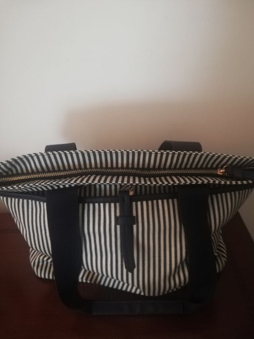 Saco de tecido, branco com riscas azul escuro. Novo