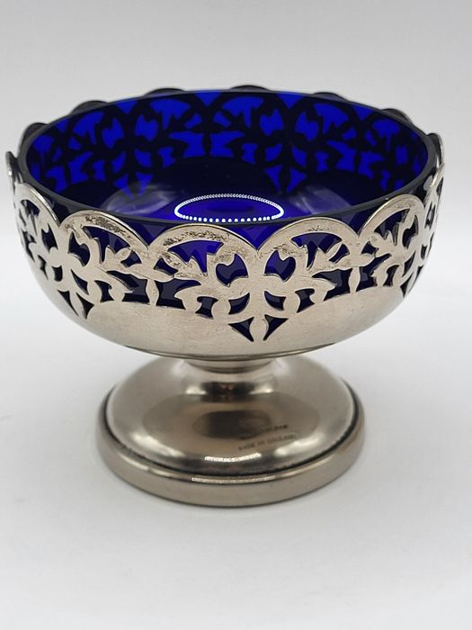 Posrebrzana cukiernica + szkło kobaltowe