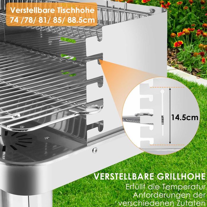 Grill węglowy TLGREEN 57 × 38 × 90 cm stal nierdzewna regulowany