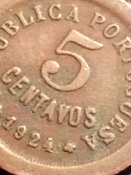 5 centavos - Republica Portuguesa 1924 - Bronze - Com erros de cunho