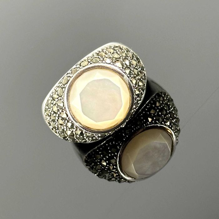 Srebro - Srebrny pierścionek z Perłą i Markazytami - próba 925