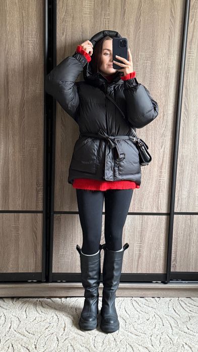 Новий чорний пуховик подовжений куртка з поясом пуффер на зиму