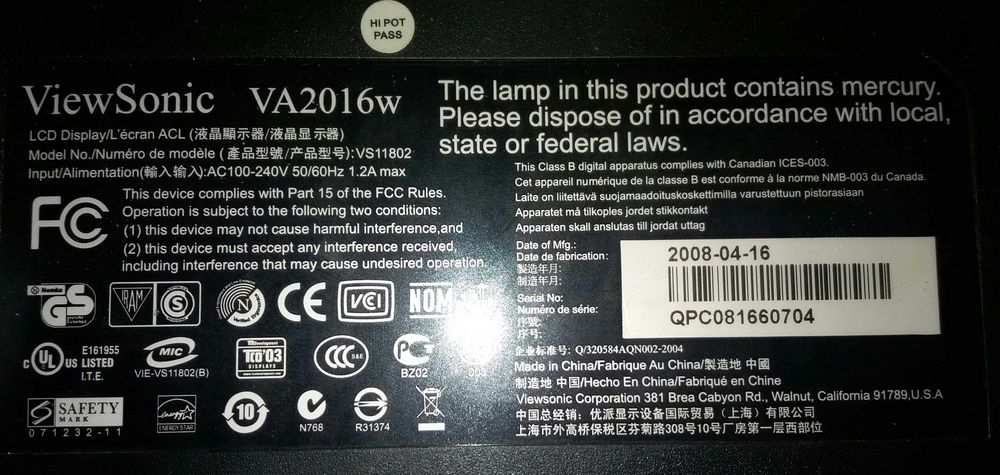 Монитор 20" ViewSonic VA2016w