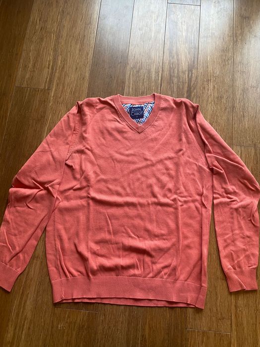 Sweter elegancki, dekolt w serek, różowy, łososiowy M, 100% bawełna