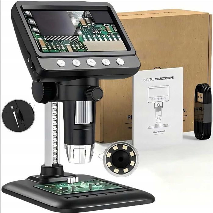 MIKROSKOP CYFROWY powiększenie ekran HD 4,3" 1000x 2MP 8xLED 1080p