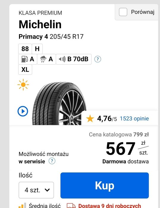 Michelin 205 45 17 primacy 4 nowe demo okazja