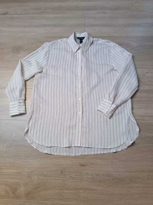 Koszula oversize kremowa brązowy prążek długi rękaw guziki kołnierzyk 'New Look' 36